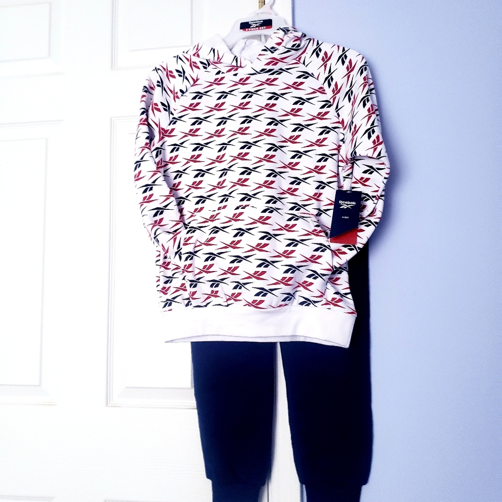 Reebok Logo Boys 2 Piece Hoodie Fleece Set Sz-10 Navy Multi